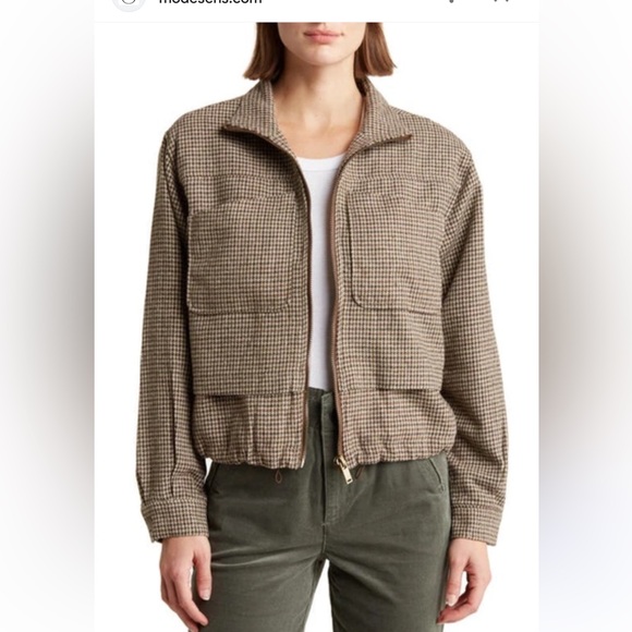 DEMOCRACY MINI CHECK ZIP FRONT BOMBER JACKET OLIVE BROWN TWEED HOUNDSTOOTH MED - Picture 1 of 14